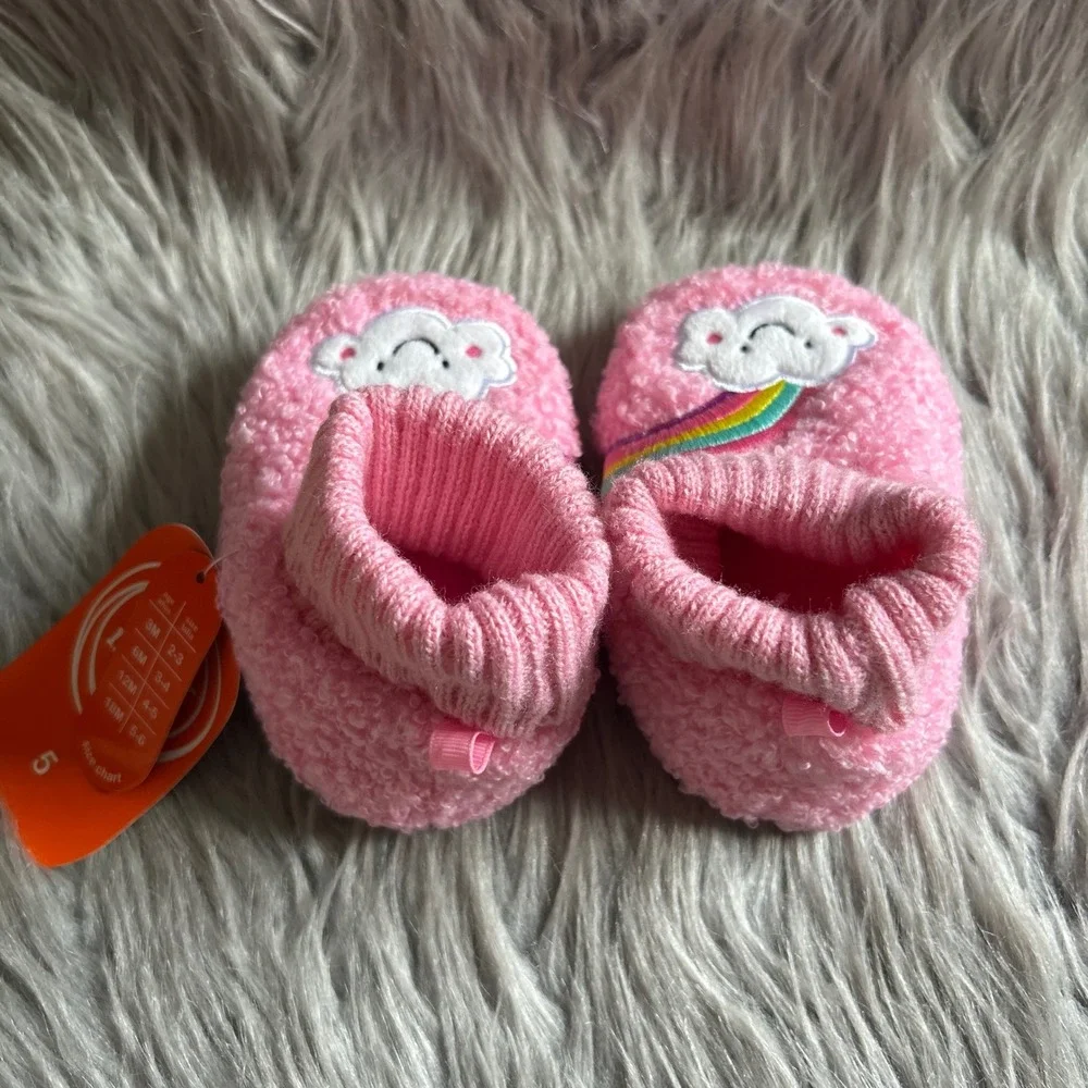 Wonder Nation Slippers Baby Girl Size 5 Pink Fuzzy Rainbow Shoes 12/18 Months